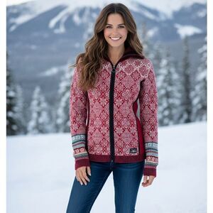 Icelandic Designs Fair Isle Full Zip Cardigan Size Small Wool Blend Red